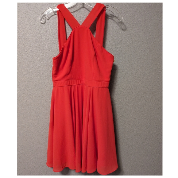 Lulu's Forevormore Orange Red Fit and Flare Halter Dress Chiffon Overlay Sz. S - Picture 4 of 13